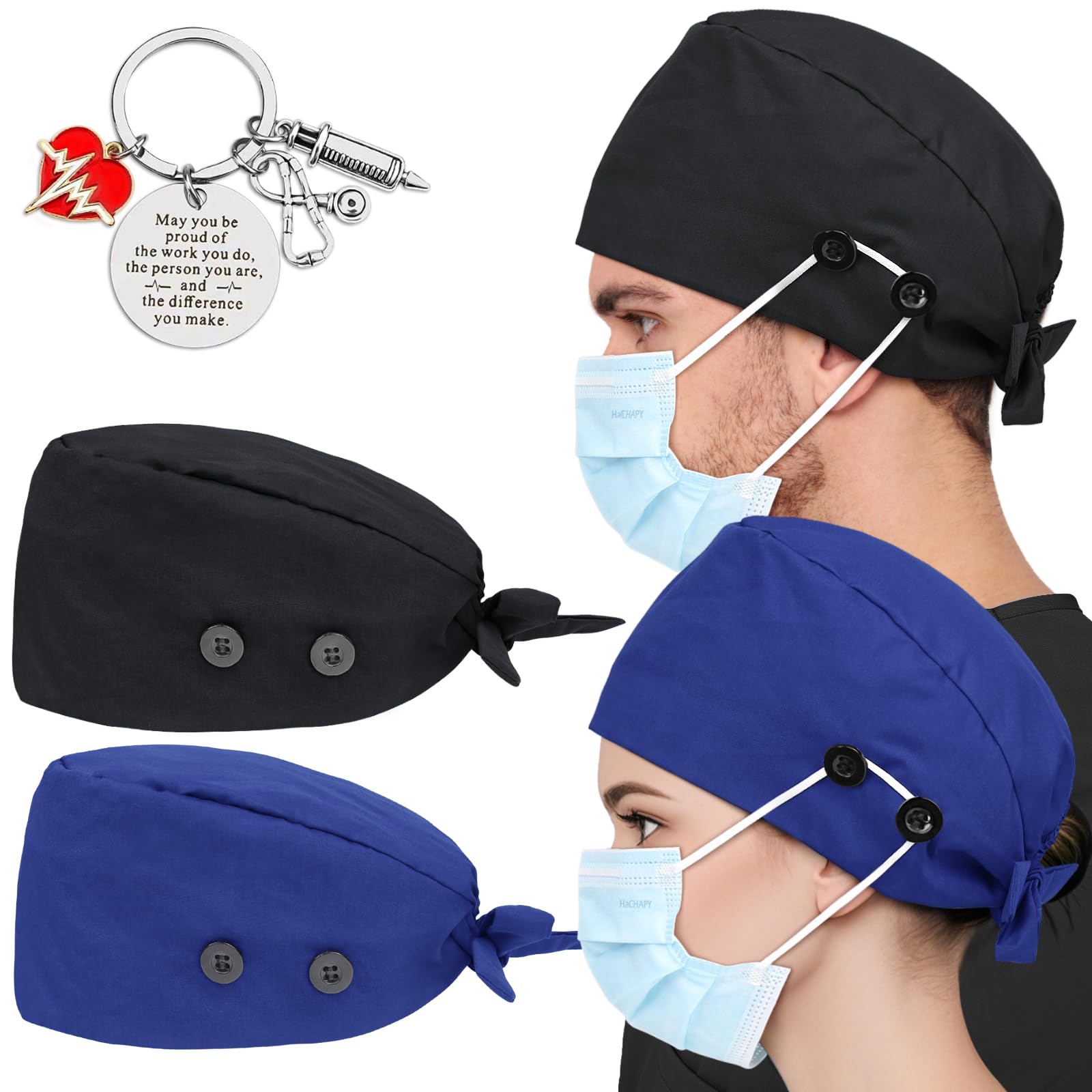 2 Pcs Satin Lined Scrub Cap Nurse Hats for Women Men 4 Buttons