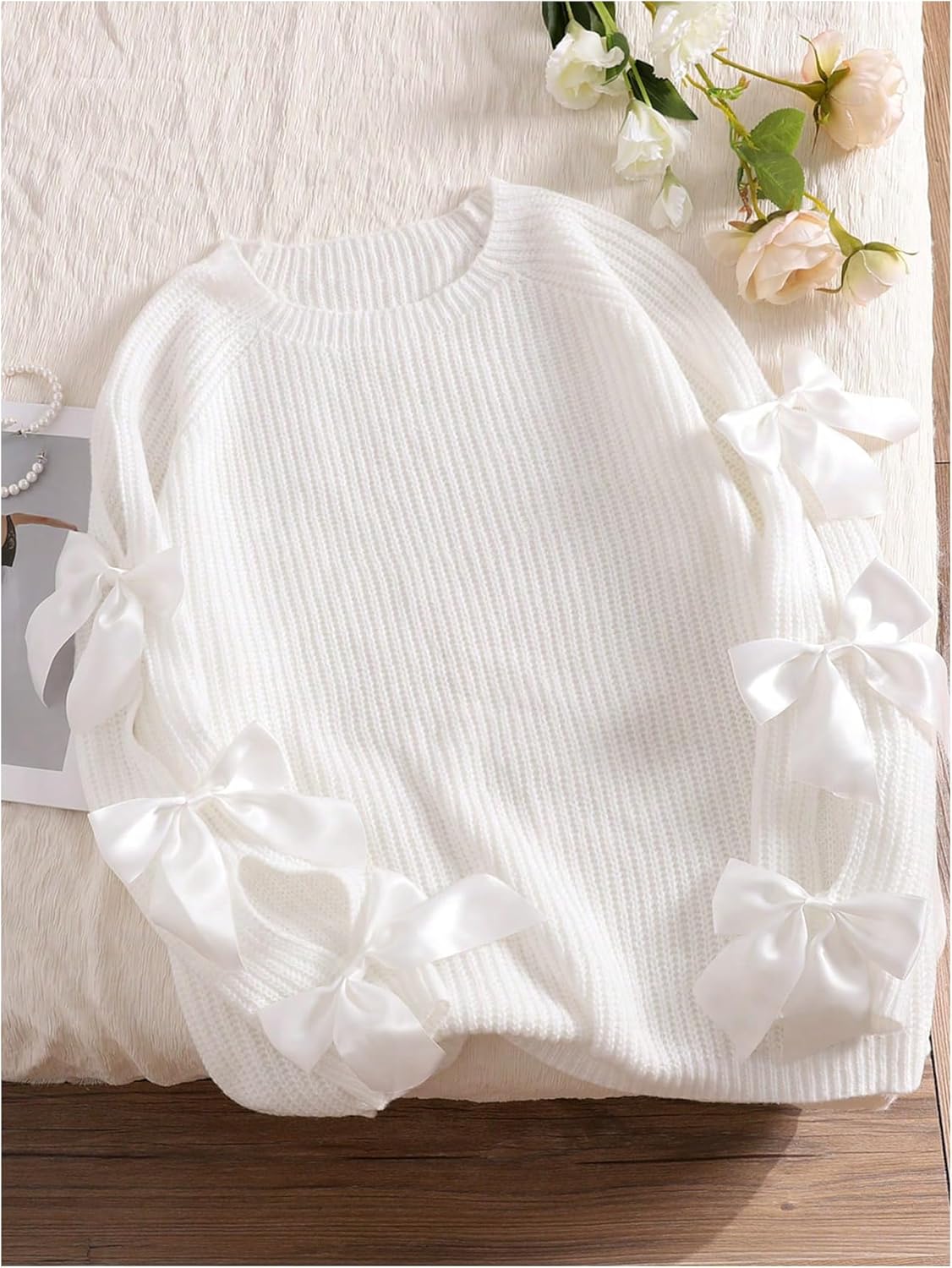 SHENHE Women's Plus Size Sweaters Bow Cutout Crewneck Long Raglan Sleeve Knit Tops Chunky Sweaters - Image 3