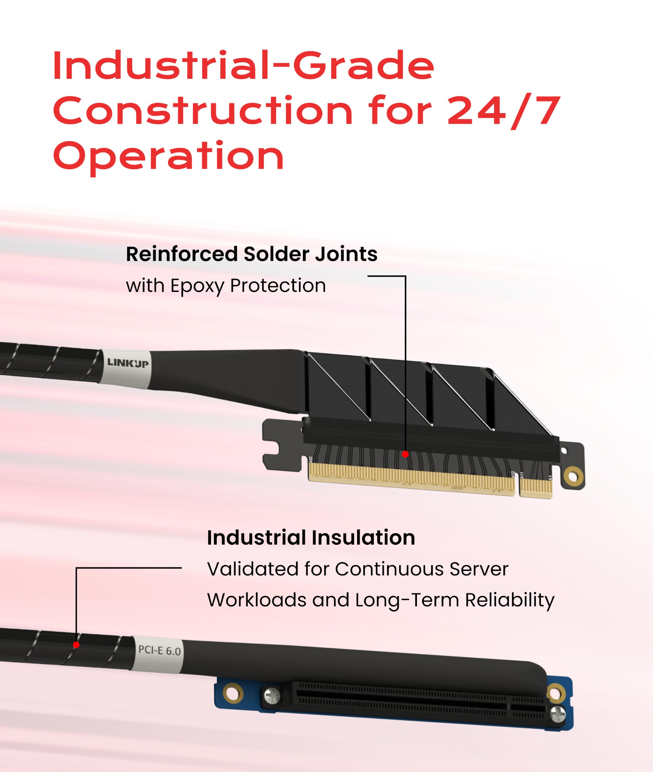 LINKUP Gen5+ PCIe Riser kabel do serwerów AI, 70 cm, czarny, zoptymalizowany pod kątem wielu GPU, bardzo niska strata, niestandardowa długość i opcje złącza, zaprojektowany dla 4-7 systemów GPU AI