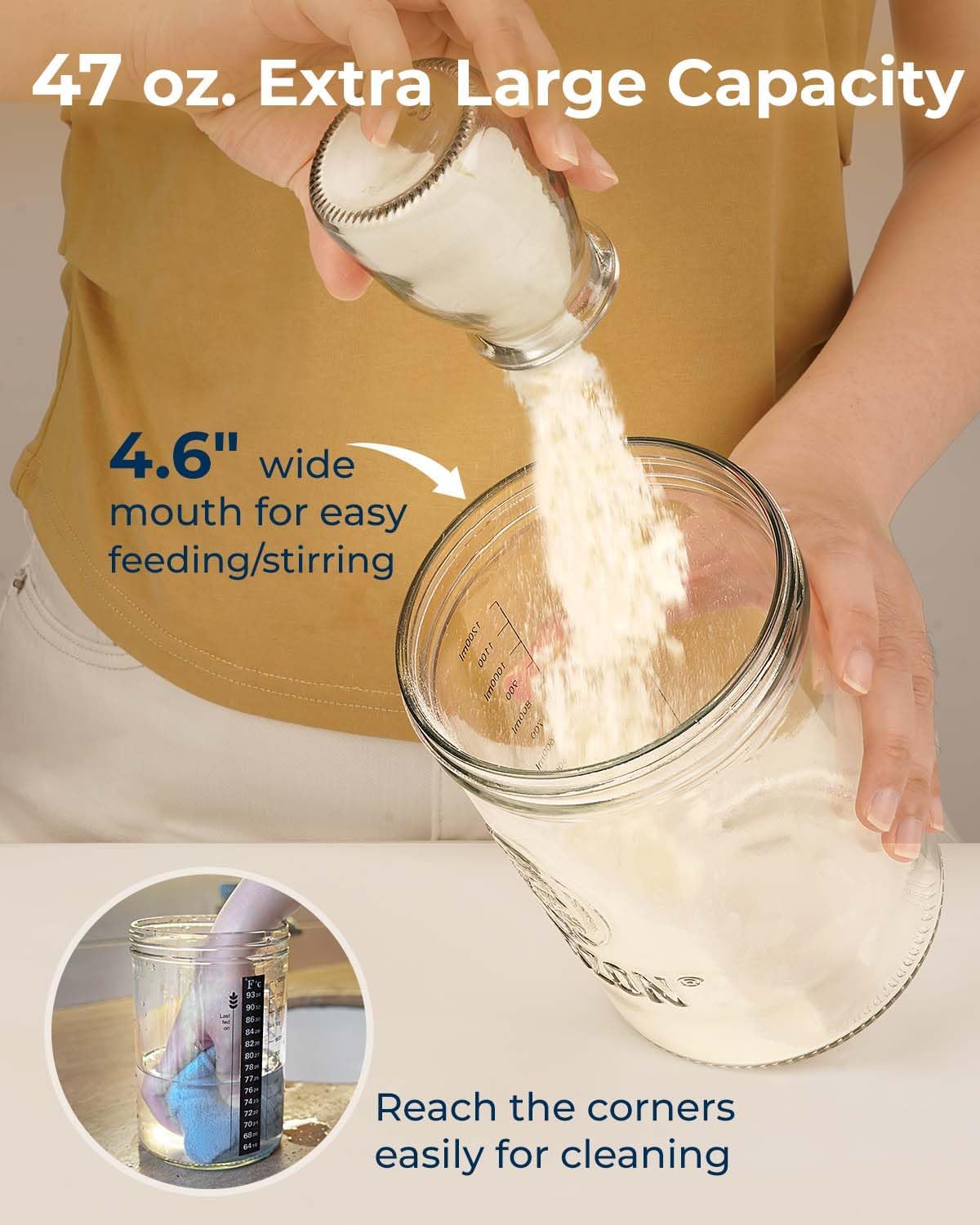 Sourdough Starter Jar Kit - 47 oz Large Wide Mouth Bread Starter Jar with Feeding Tracking Band, Silicone Spatula, Sourdough Bread Baking Supplies - Image 2