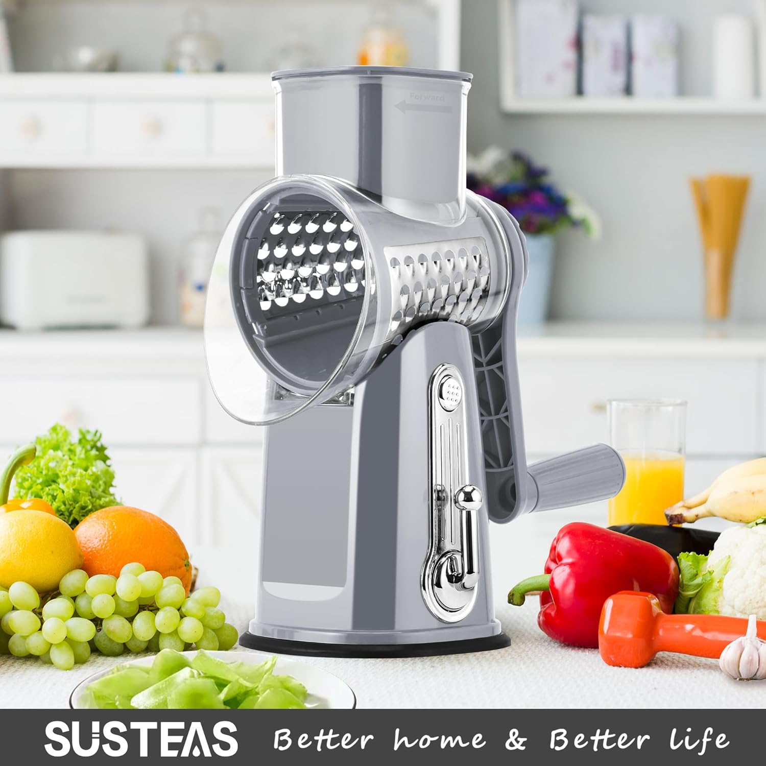 SUSTEAS Rotary Cheese Grater with Handle - Vegetable Shredder with 5 Well-designed Blades & Strong Suction Base,Round Mandoline Slicer & Food Chopper for Kitchen,with Blade Storage Box(Gray)