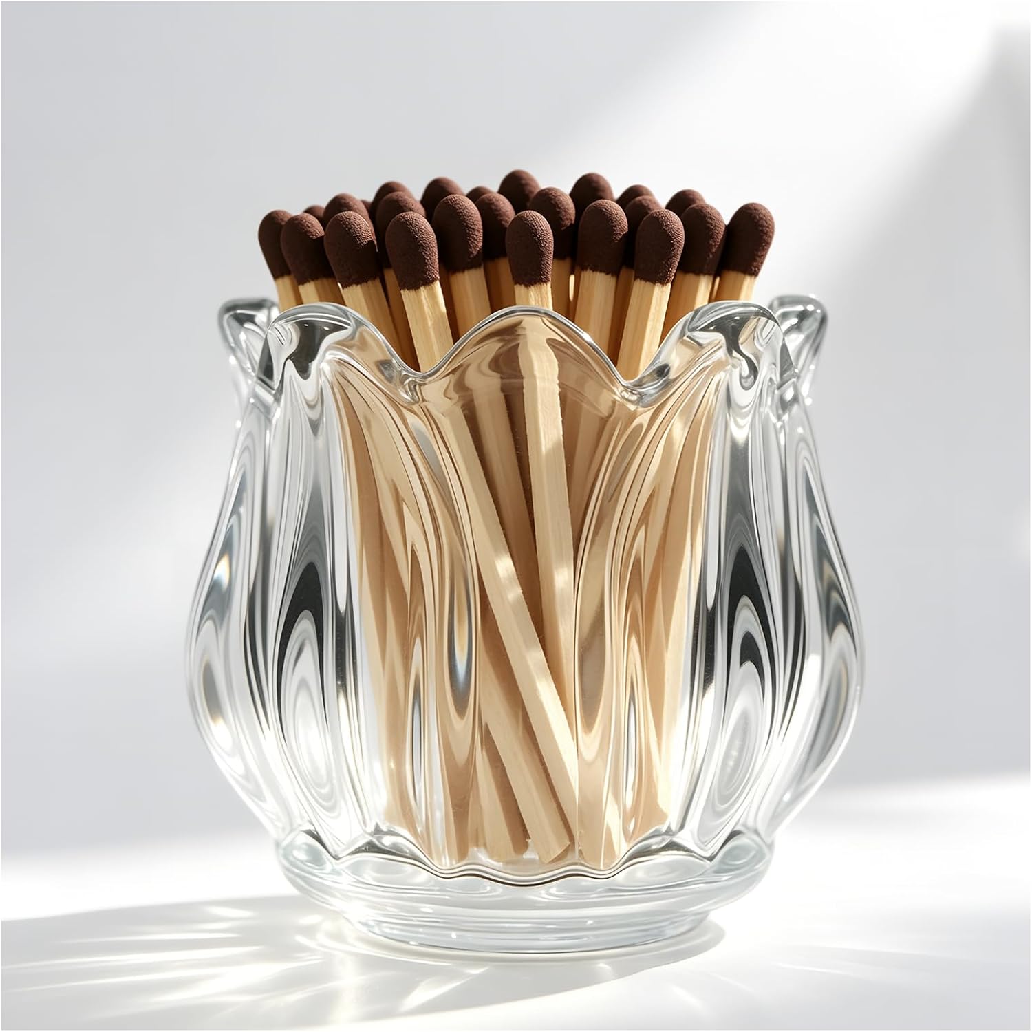 Matches Holder with Striker;Glass Matches Holders, Elegant Petal-Shaped Match Holder, Perfect for Decorating Restaurants, Fireplaces, and Bathrooms. Matche Not Included.