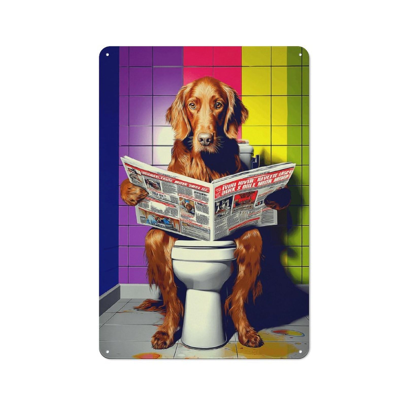 Junmoney Dog Reading Newspaper On Toilet-36 Retro Tin Wall Plaque 30X20cm For Garage Or Workshop, A Metal Wall Feature For Garages And Tool Rooms