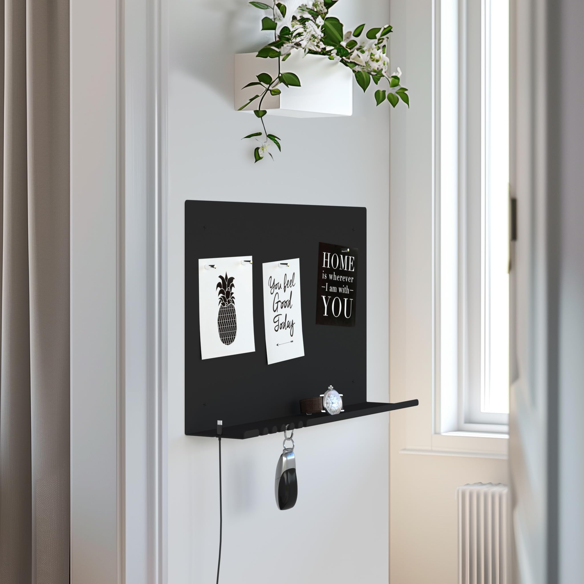 Magnettafel mit Magneten, Schlüssel-Organizer, Telefonregal mit Halterung für Kabel, 49 x 30 cm, Farbe Schwarz