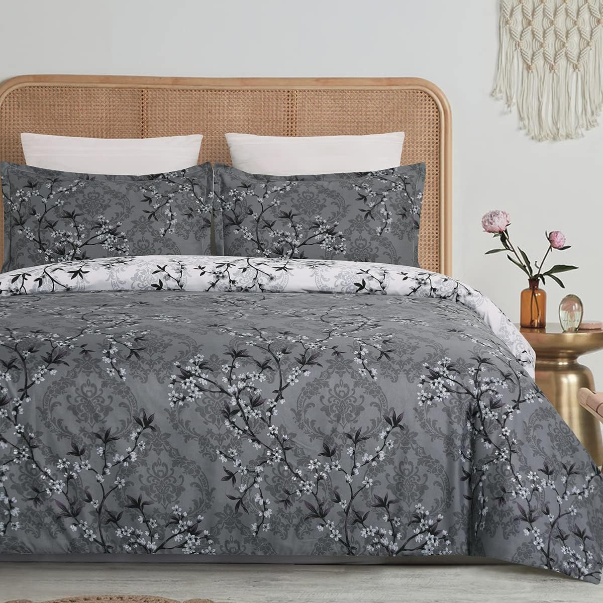 Soft Brushed Microfiber Duvet Cover Set with Zipper Closure and Corner Ties, Plum Blossom Branch Floral Printed Pattern, Grey and White Color, Reversible Design, King Size(104x90 Inches)