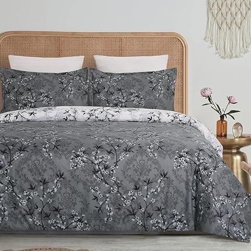 Miniatura 8 de Juego de funda de edredón suave tamaño King con cierre de cremallera y lazos en las esquinas, diseño de patrón floral de flores/ramas, juego de cama