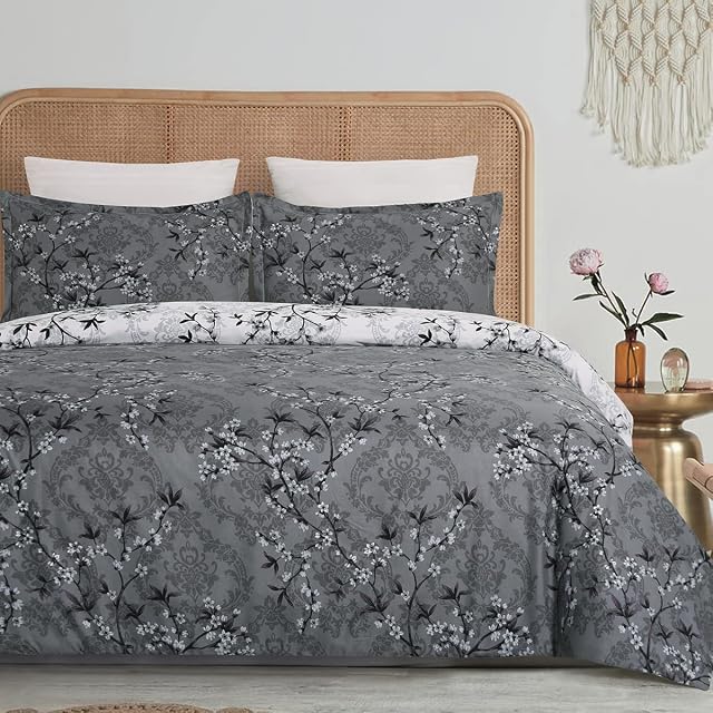 YEPINS Soft Brushed Microfiber Duvet Cover Set with Zipper Closure and Corner Ties, Branch Floral Pattern (Gray/White Paisley, Super King)