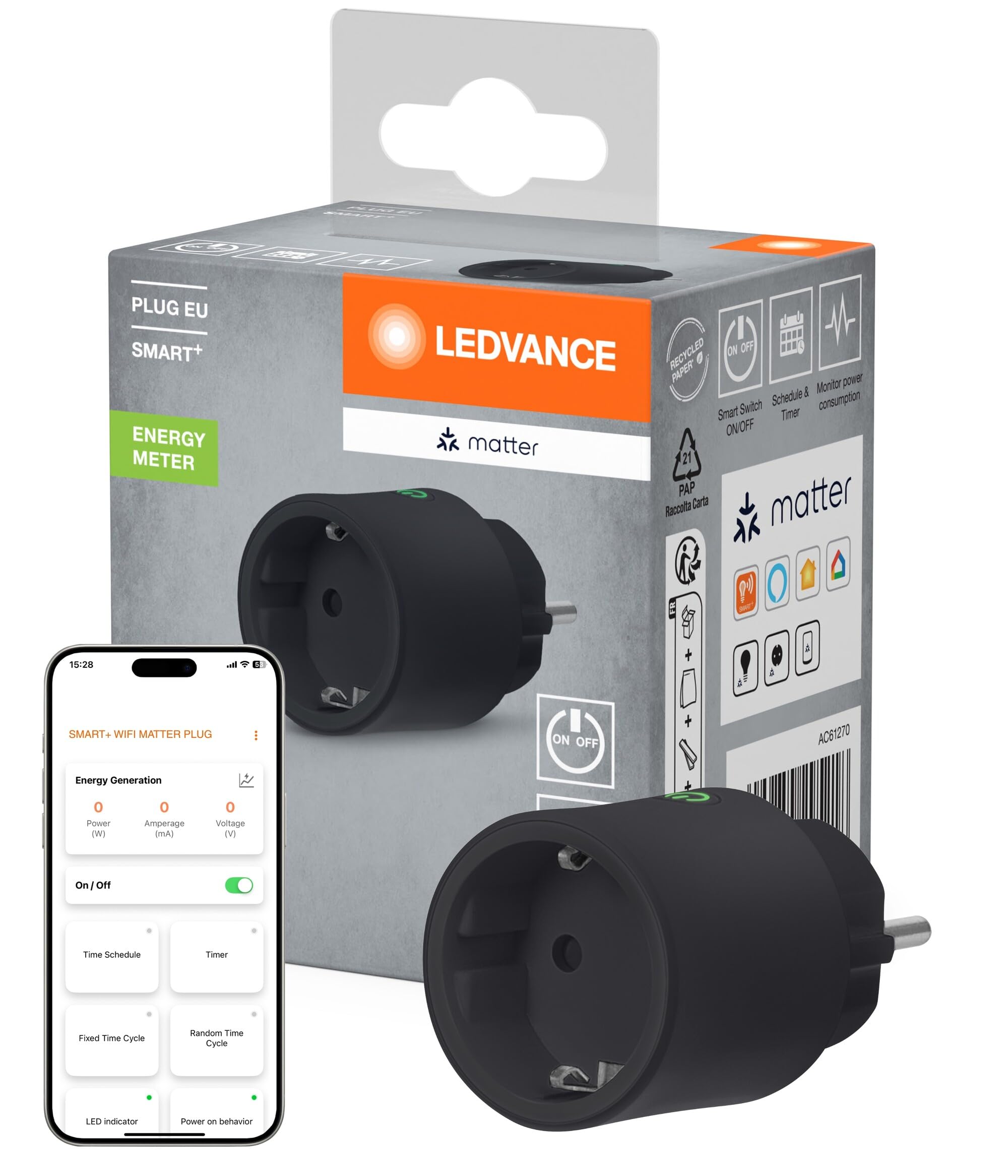 LEDVANCE SMART+ Wtyczka wewnętrzna, inteligentna wtyczka z Matter over WiFi, do integracji tradycyjnych urządzeń z systemem smart home, kompatybilna z Alexa, Google & Apple, czarna, 4-pak