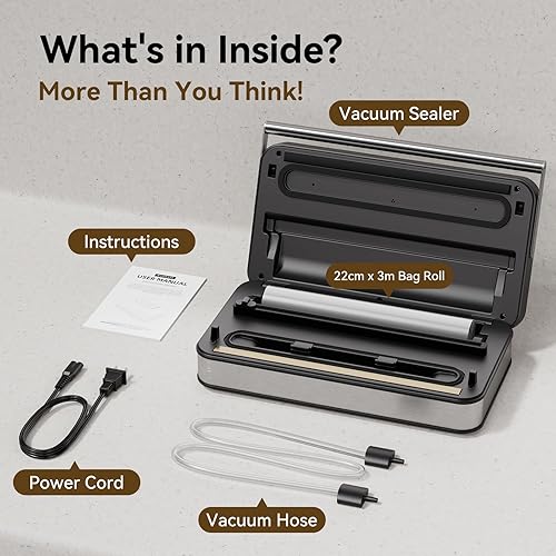 Miniatura 9 de Potente sellador al vacío de 95 Kpa para alimentos, máquina selladora al vacío 10 en 1 con mango fácil, cortador integrado y almacenamiento en