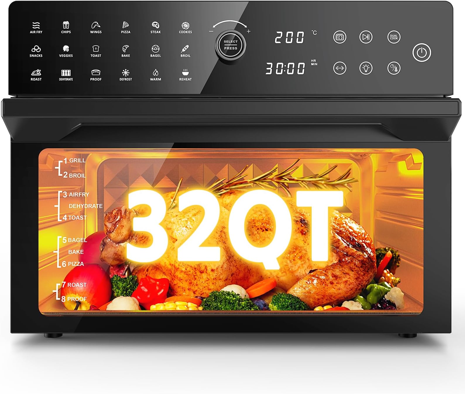 32QT Extra Large Air Fryer, Toaster Oven Air Fryer Combo, 360°Hot Air Circulation for Healthier Food, 1800W Preset Dual Cook, 13"Pizza Cooking, 20-in-1 Double-Rack Oven, 7-Accessory, Transparent Door
