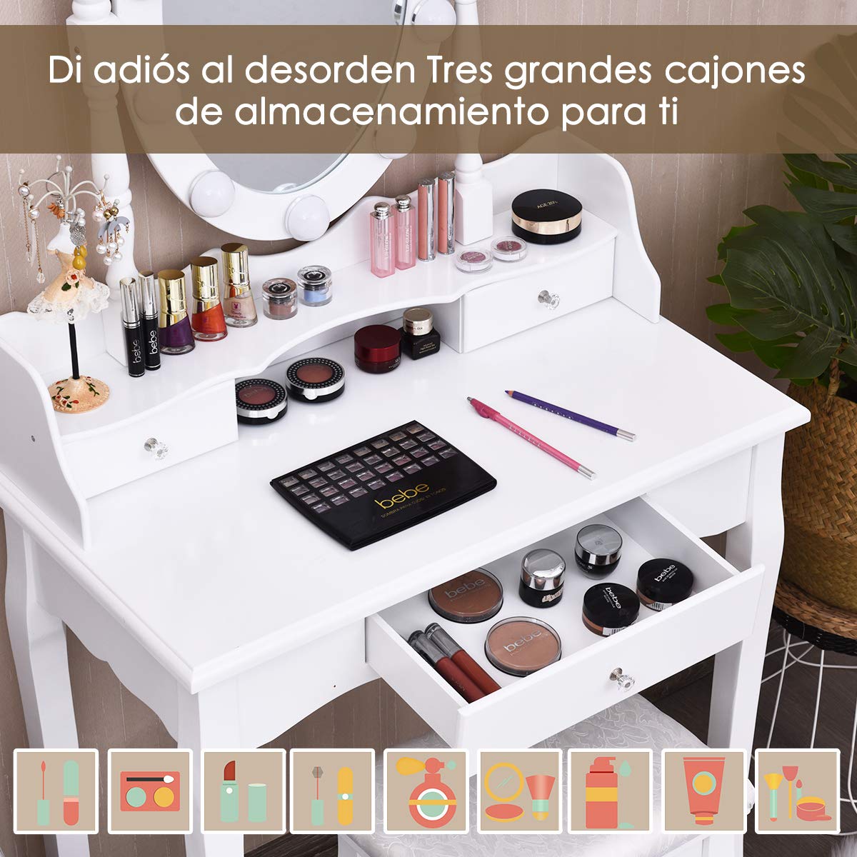 COSTWAY Tocador de Maquillaje con LED,Espejo Giratorio y Taburete Mesa de Cosmético con 3 Cajones para Dormitorio Habitación (Blanco)