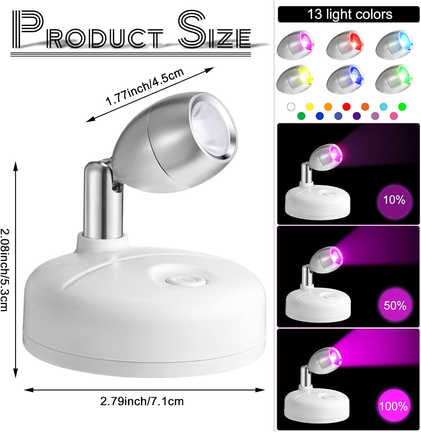 Hortsun 6 Pieces Battery Operated Spotlights Indoor LED Wireless Spotlight Indoor 13 Color up Lights with Rotatable Light Head Stick on Wall Hallway for Painting Picture Artwork Closet(White)