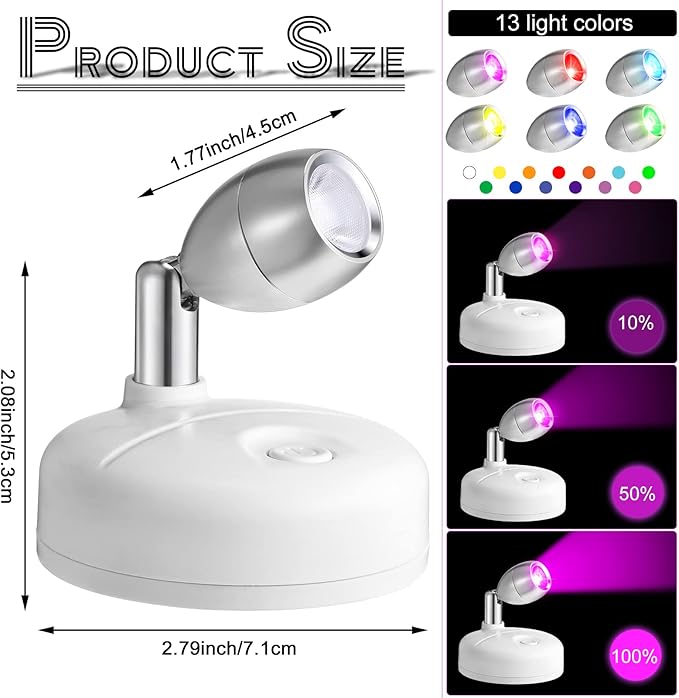 Tuanse Tuanse 12 Pcs Battery Operated Spotlights Indoor LED Spot Display Lights Battery Powered Uplights 13 Colors Dimmable Mini Accent Lighting for Art Pictures Painting Closet(White) photo 5