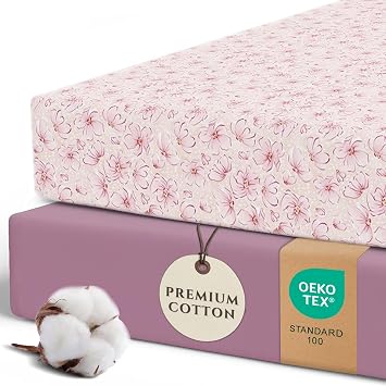 Pobibaby 2 Pack Fitted Crib Sheets for Girls - Premium Cotton Blend Baby Crib Sheet Set, Soft Breathable Pink Floral Toddler Bed Sheets for Standard Mattress, Girl Nursery Bedding 52x28 Blossom
