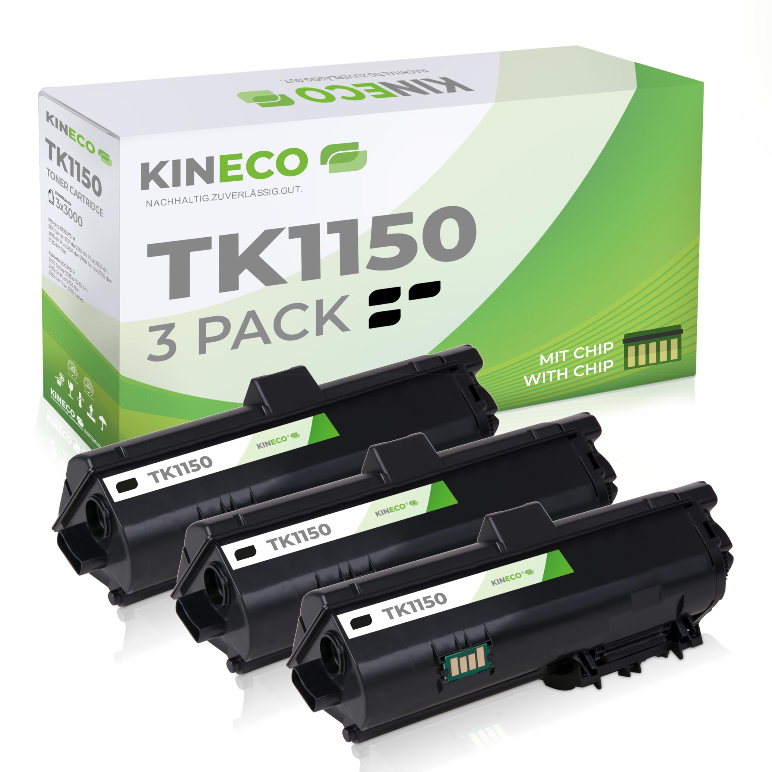 Kineco 3 Toner kompatibel mit Kyocera TK-1150 für Kyocera Ecosys P2235dn P2235dw M2135 M2635 M2735dw - je 3.000 Seiten