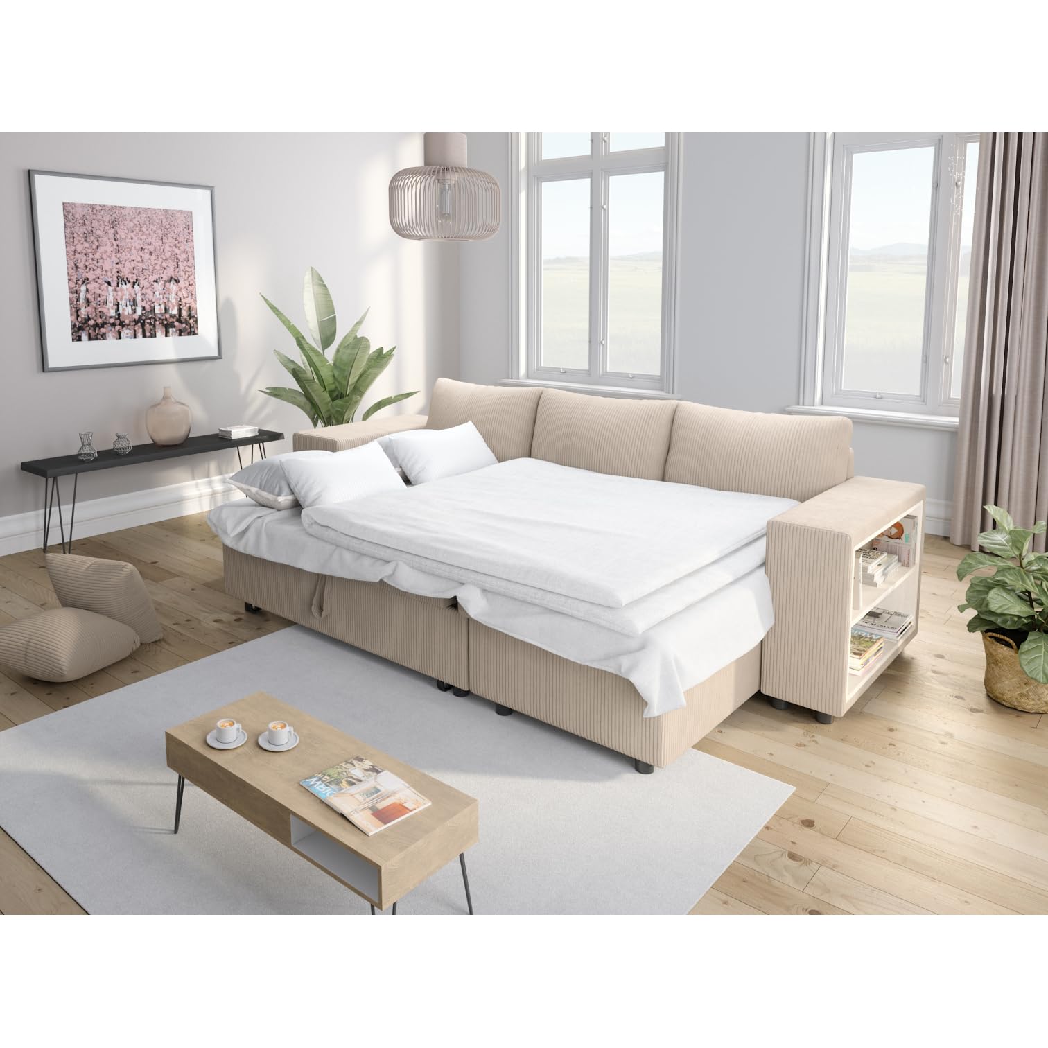 LOUNGITUDE Canapé d'angle Mady Convertible avec Coffre, 2 poufs et étagère en Velours côtelé