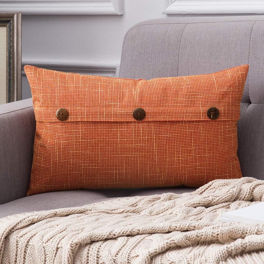 MIULEE Fall Decorative Linen Throw Pillow Cover Cushion Case Triple Button Vintage Farmhouse Pillowcase for Couch Sofa Bed 12 x 20 Inch 30 x 50 cm Orange Pillow Cover