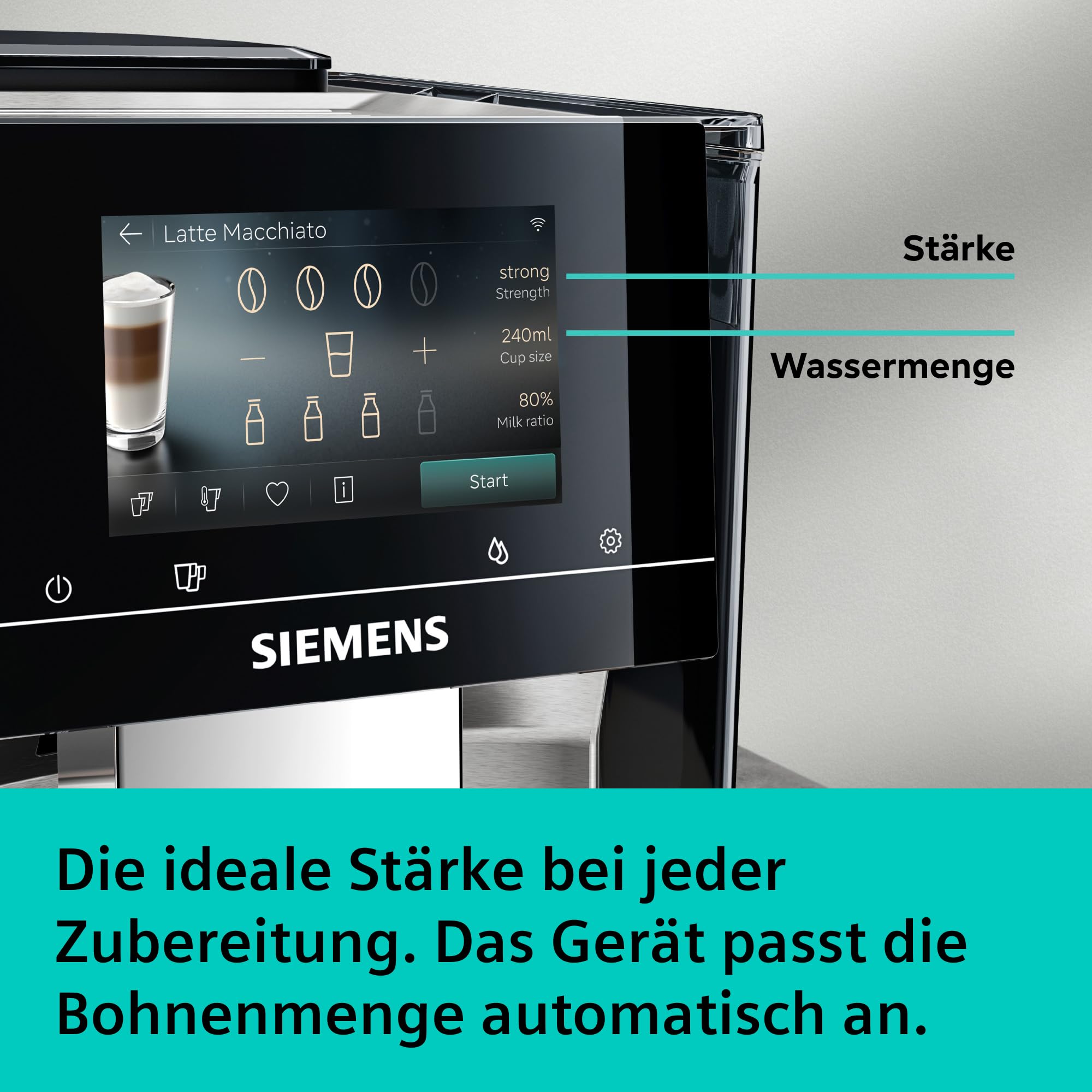 Siemens Kaffeevollautomat EQ700 iAroma, Full-Touch-Display, integrierter Milchbehälter, Tassenwärmer, Cold Brew und Slow Brew, Home Appliances App, Edelstahl schwarz, TQ727D03