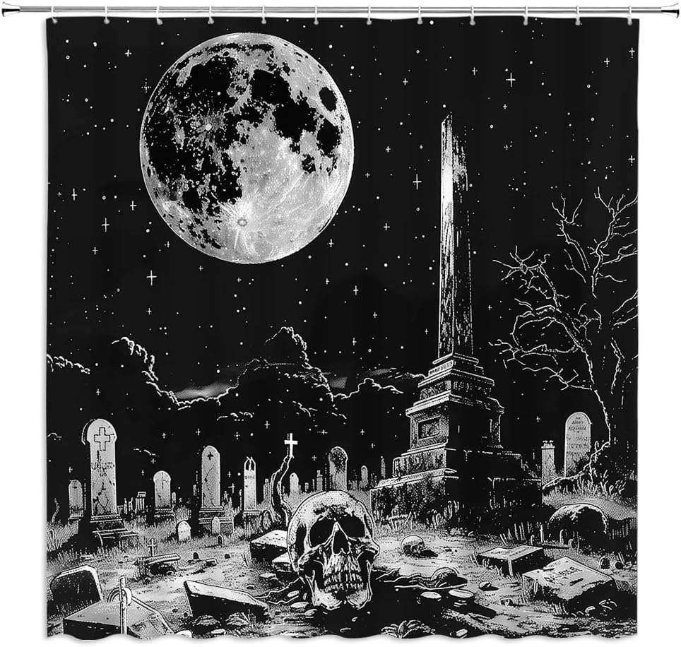Horror Graveyard Shower Curtain Goth Black White Skull Full Moon Night Starry Forest Gothic Skeleton Scary Halloween Fabric Bathroom Decor Curtains with Hooks,70 x 80