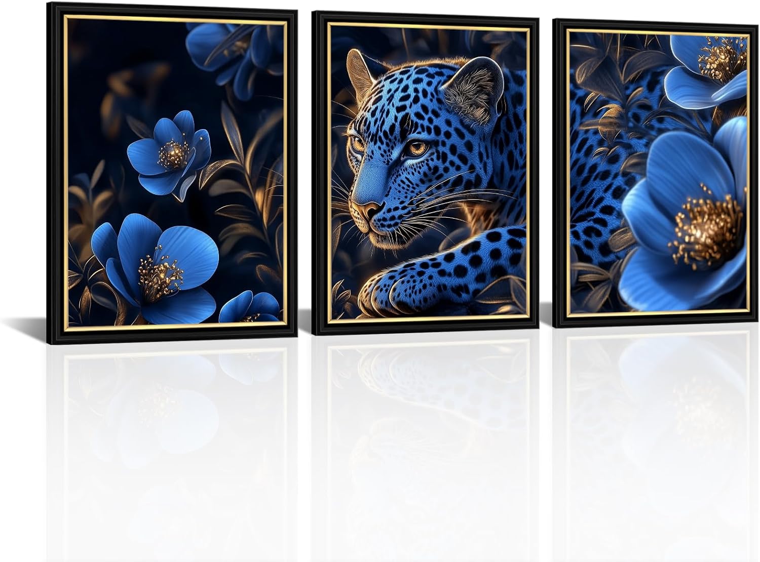Kalormore 3 Pieces Black and Gold Frame Wall Art Leopard with Blue Flower Picture Wild Animal Canvas Prints Artwork Easy to Hang