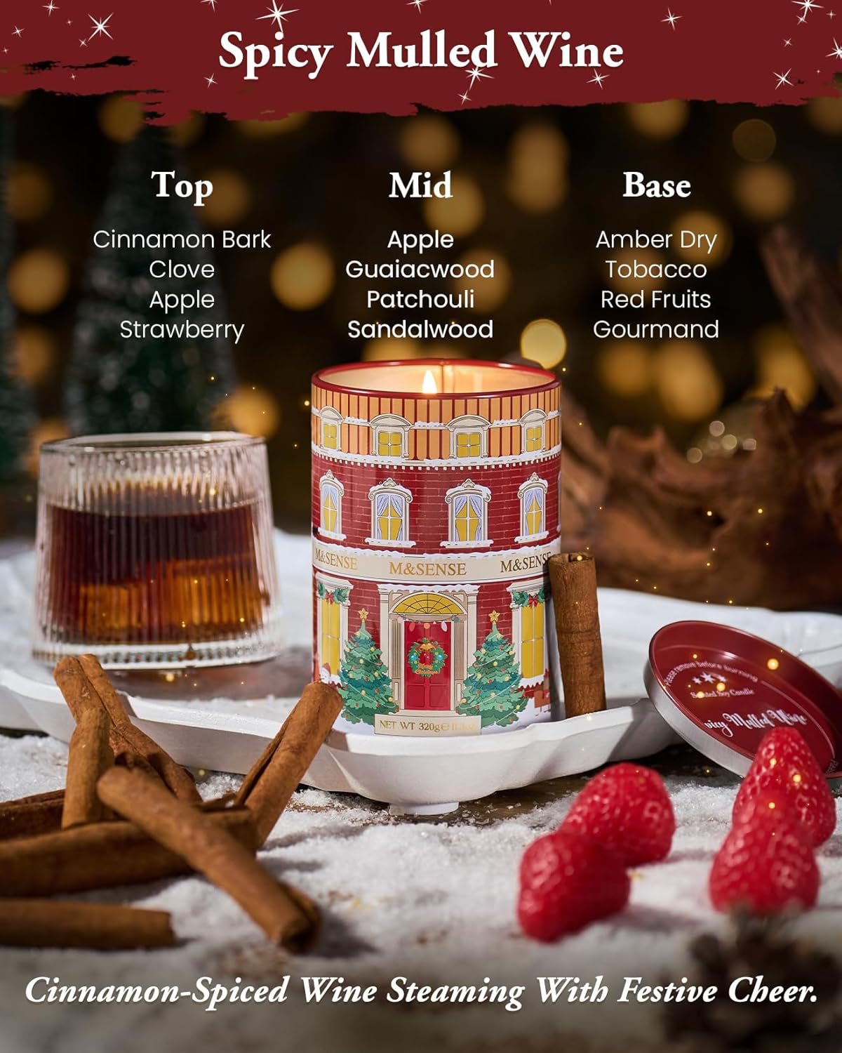 M&SENSE Spicy Mulled Wine Valentine Candles, Warm Apple Cider Holiday Scented Candle for Festival Ambiance, Winter Holiday Candles for Women Men, Soy Wax 11.3oz 70 Hour,Christmas Scented Candles - Image 2