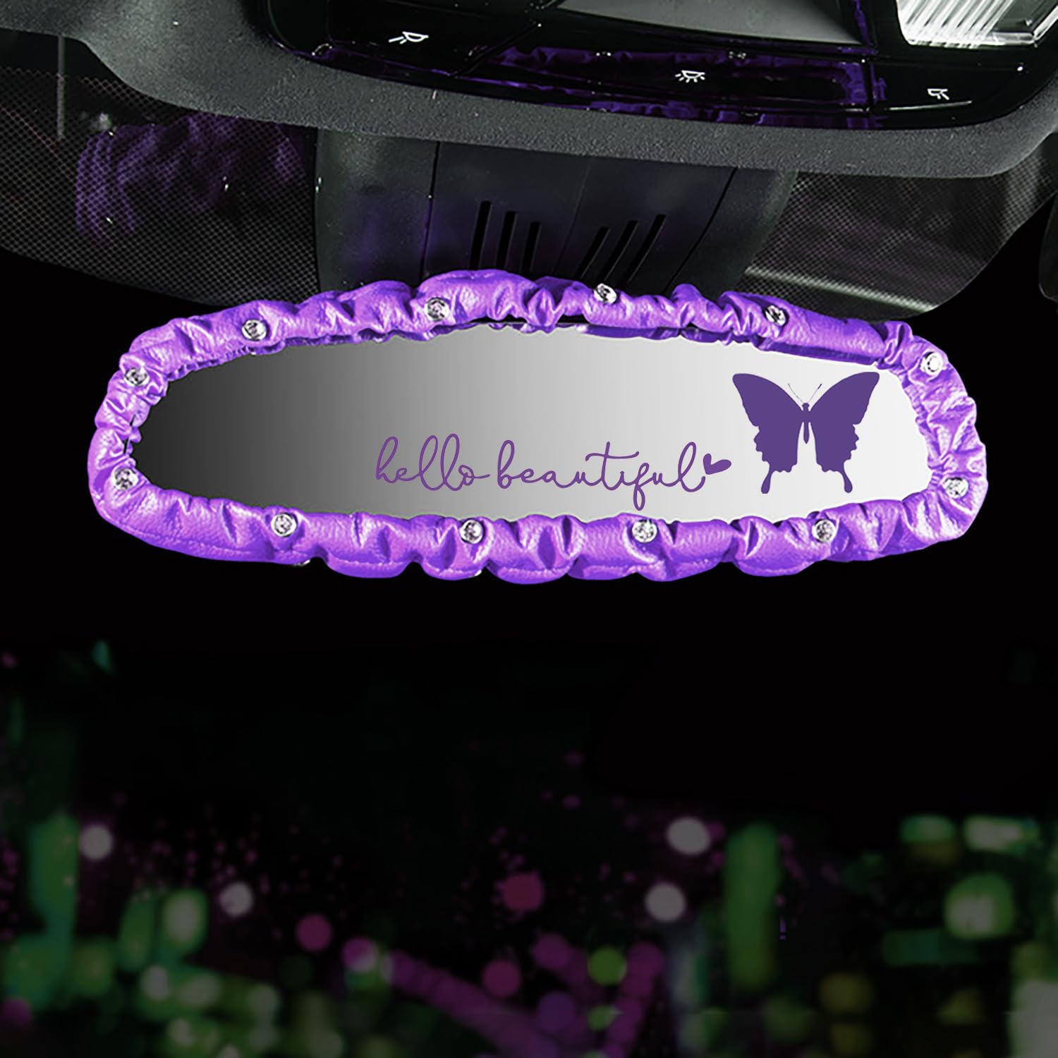 Dotesy 3 PCS Bling Rearview Mirror Cover, Elastic PU Leather Auto Rear View Mirror Protector with Butterfly Car Interior Accessories Universal for Car, SUV, VAN (Purple)