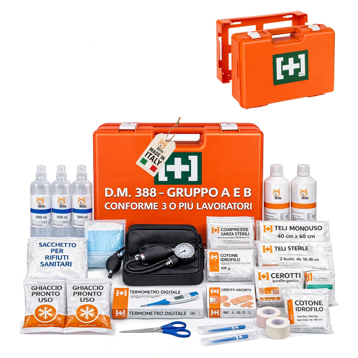 Akitaink Cassetta medica Aziendale, Kit Pronto Soccorso con Misuratore di Pressione, Staffa di primo soccorso: Conforme DM 388 Allegato 1 per Gruppi con 3 o più Lavoratori, Made in Italy