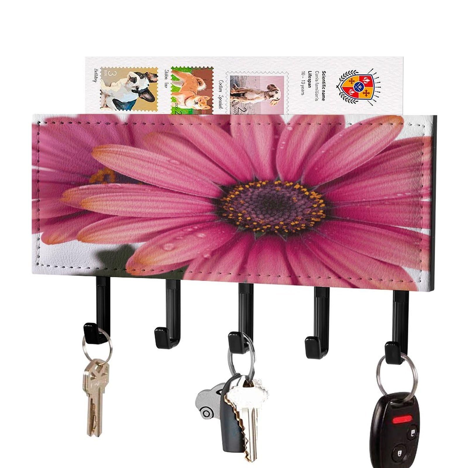 FekiLoot Pink Daisy Flower Key Holder Wall Mount Key Hooks for Wall Decorative with 5 Hooks PU Mail Rack Organizer with Shelf for Entryway Mudroom Hallway Office 7.1X4.3 in