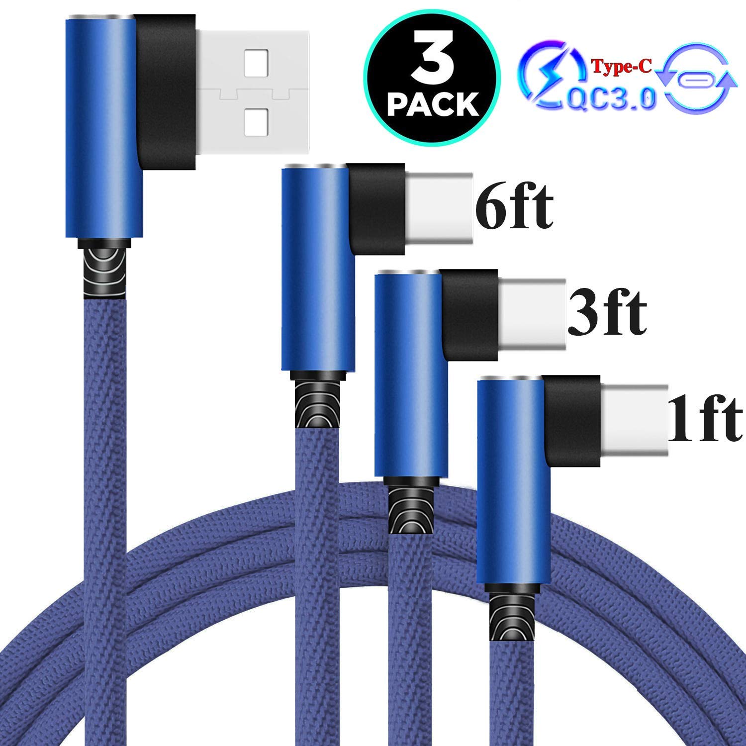 3Packs 1FT 3FT 6FT 90 Degree Type C Cable - UNIDOPRO Type C Fast Charger & Data Sync Cord Compatible Samsung Galaxy S10 S10e S10+ S9 S9+ S8 Plus, Note 9 8, A20 A30 A40 A50 A60 A70 A80 M20 M30 M40