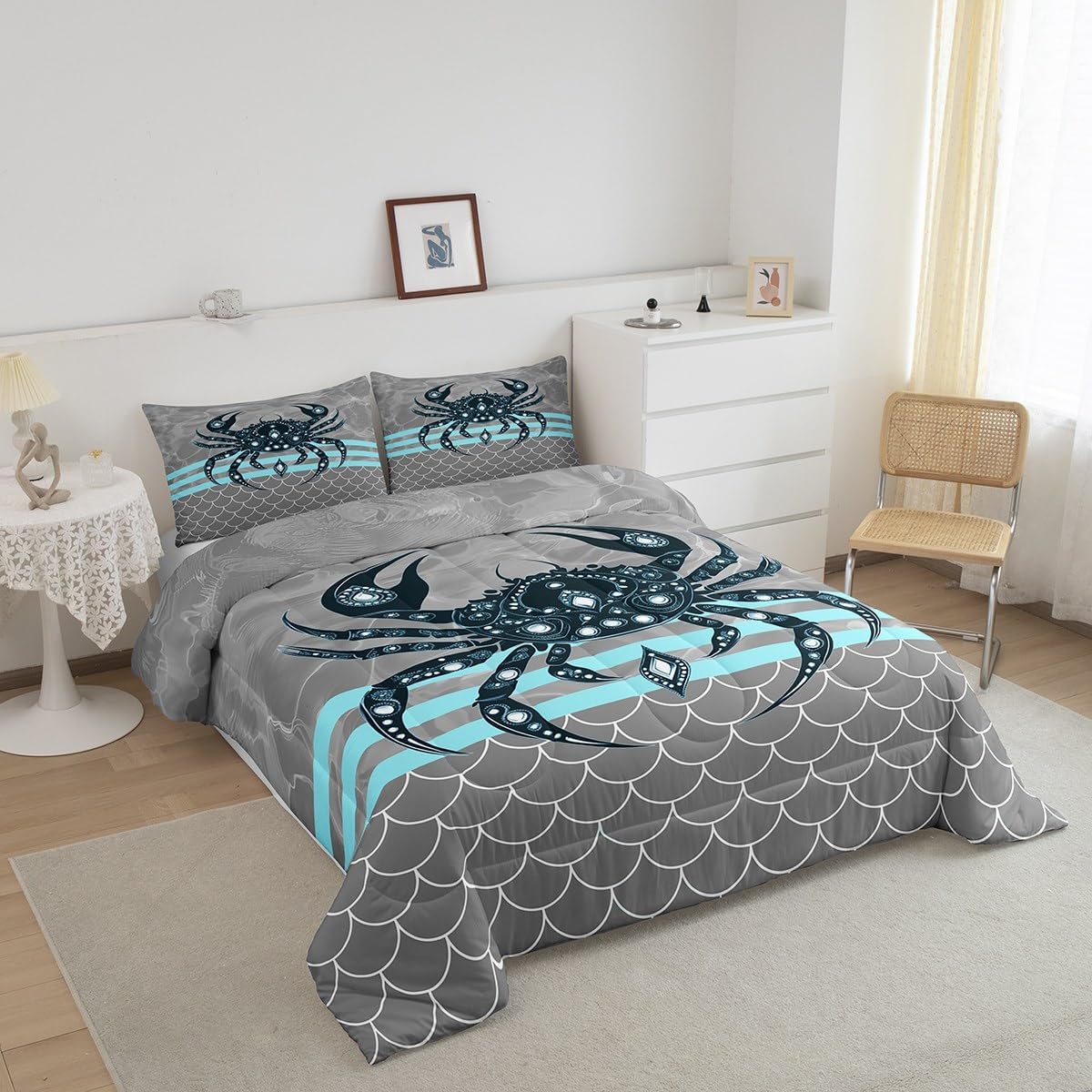 jejeloiu Crab Comforter Set Twin Size Fish Scales Print Bedding Set Kids Boys Girls Summer Ocean Sea Marine Creature Sealife Animal Comforter Geometric Stripes Quilt Set