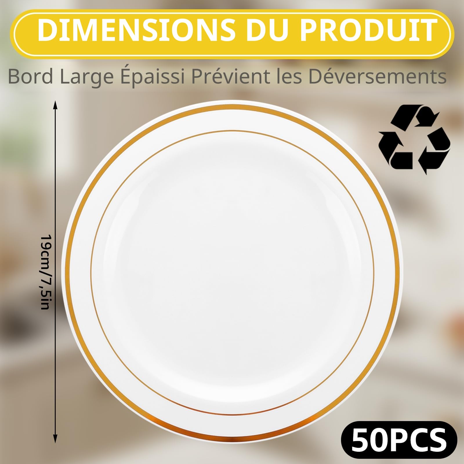 AKOLAFE 50 Pièces Assiette Plastique Reutilisable 20cm Assiette en Plastique Blanche Assiettes Dorées plastique Assiettes plastiques Rigide pour Mariages, Fêtes, Anniversaires, Noël et Baptêmes