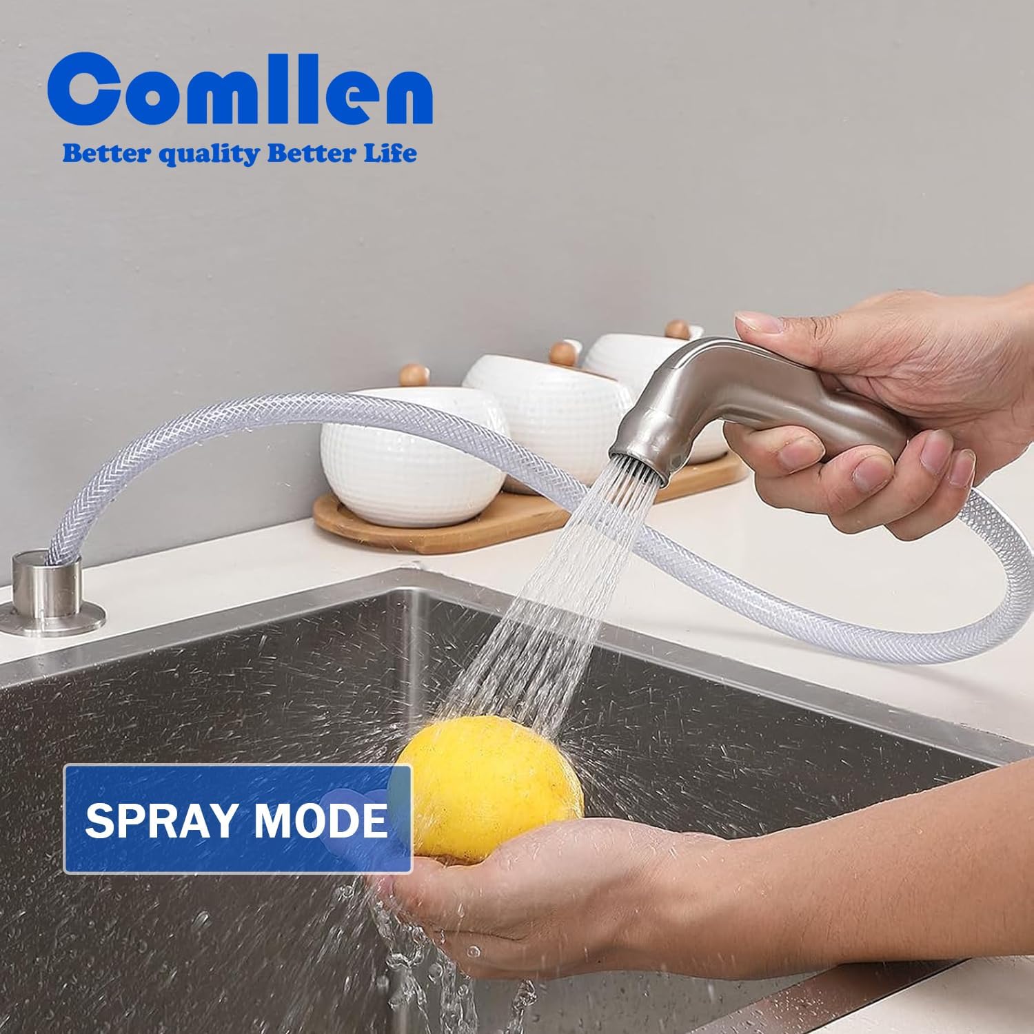 COMLLEN Stylish 4 Hole Kitchen Faucet, High Arc Brushed Nickel Faucet with 2 Handle, Side Sprayer, 8 inch Standard Deck Mounted Design, 3 Hole Kitchen Sink Faucet,Perfect for Modern Kitchens - Image 6