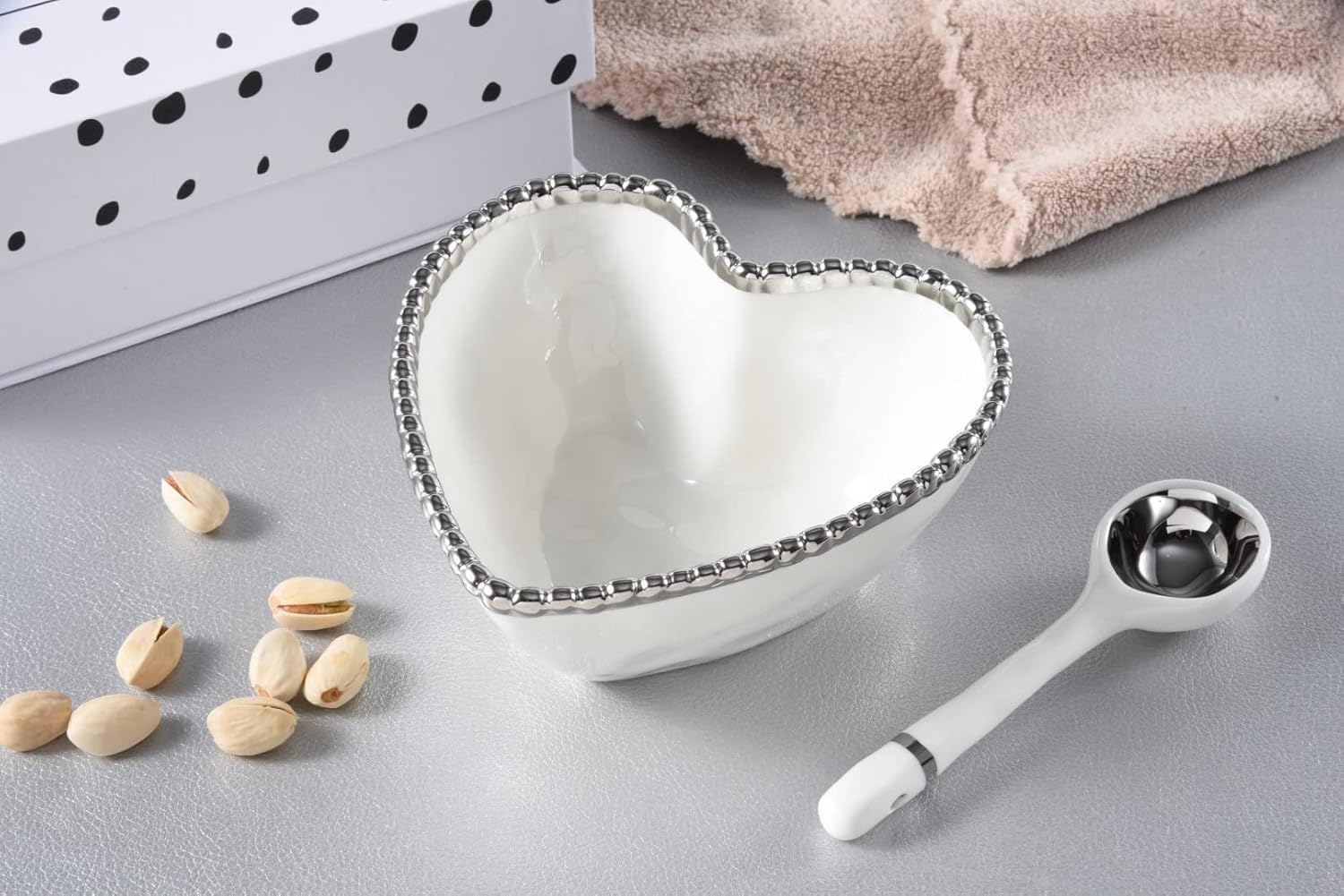 Pampa Bay Get Gifty Porcelain Heart Shaped Serving Bowl with Serving Spoon, White with Silver Beads