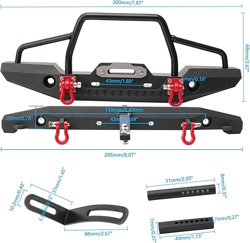 Miniatura 2 de Rchobbytop 110 RC Metal delantero y trasero Combo Wluces LED grillos de remolque montaje cabrestante asiento remolque enganche para TRX4 SCX10 II