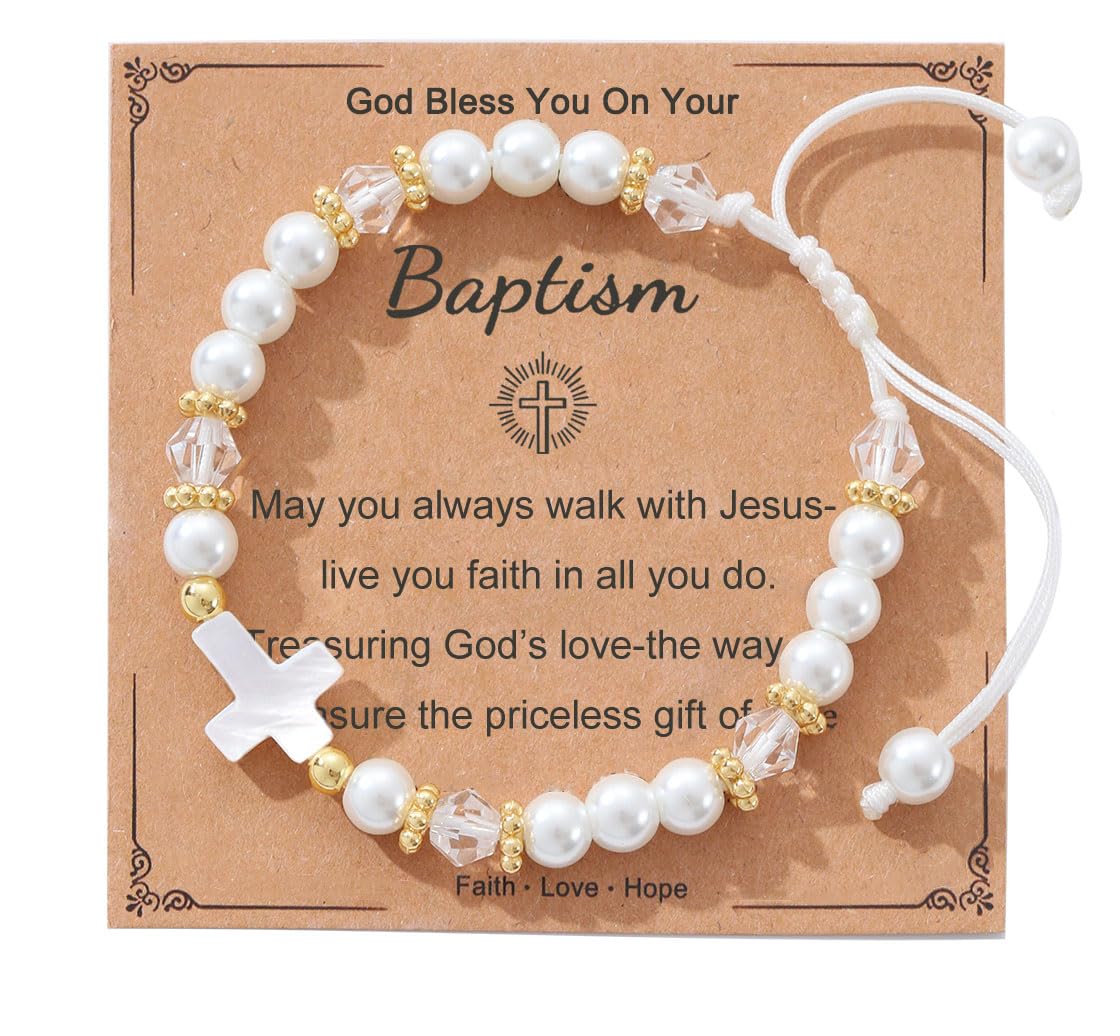 Cross Pearl Bracelet, First Communion Gifts, Baptism, Easter Gifts for Teen Girls, Faith Christian Religious Bracelet for Girls