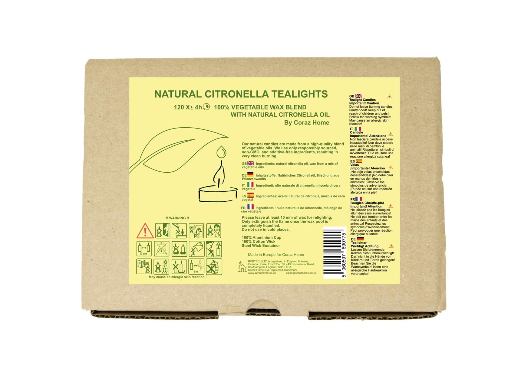 Confezione da 120 Candele Alla Citronella Naturale Cera 100% vegetale Durata 4 ore lumini in tazza di alluminio senza plastic senza paraffina e olio di palma (120 Candeline alla citronella)