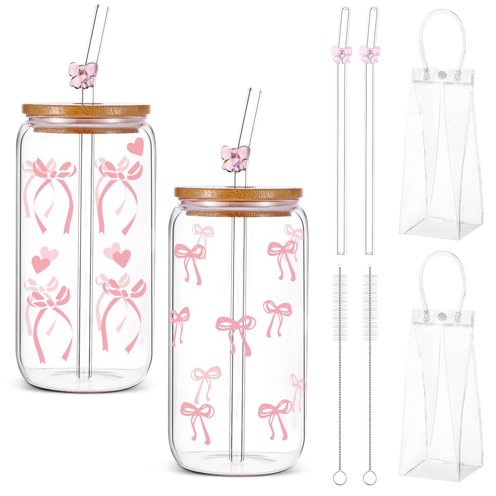 2Pcs Bow Glass Cups, 16 oz Aesthetic Bow Cup with Lid Straw and Gift Bag