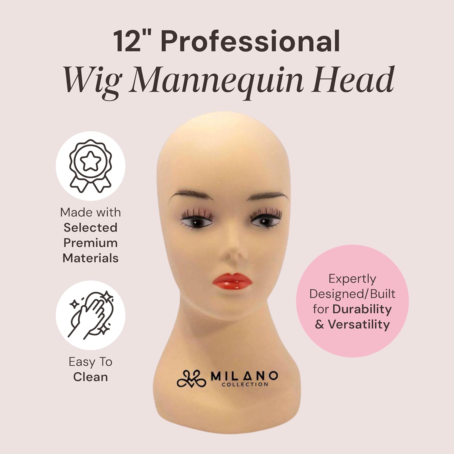 MILANO COLLECTION 12" Durable Silicone Professional Wig Styling Head Compatible with T-Pins, Stand or Tripod- Beige