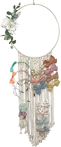 Organizador de lazo para bebé para niñas, lazos para el cabello, clips y diademas - Soporte de arco de macramé bohemio con marco circular de latón