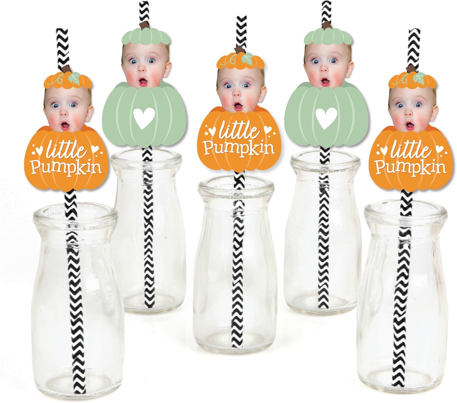 Big Dot of Happiness Custom Photo Little Pumpkin - Fall Birthday Party Fun Face Paper Straw Decor - Set of 24