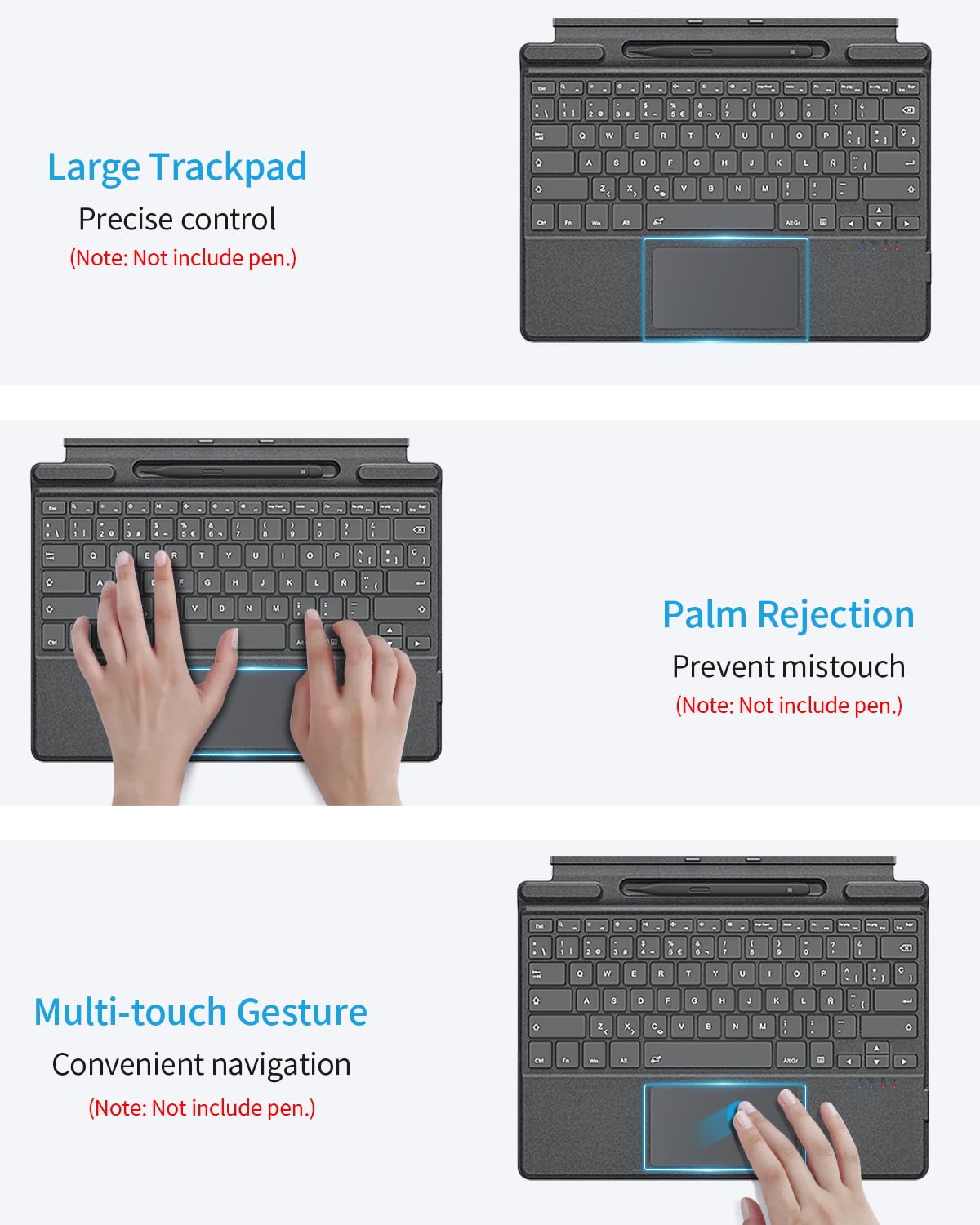 TiMOVO Teclado Español Compatible con Microsoft Surface Pro 11/10/9/8/X, Teclado QWERTY con Trackpad y Soporte para Bolígrafo, Sin retroiluminación, Gris
