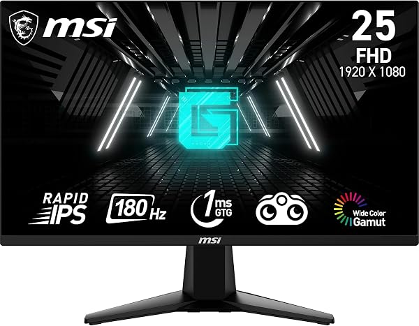 MSI G255F Écran Gaming FHD 24,5 Pouces - Dalle Rapid IPS 1920 x 1080, 180 Hz / 1ms (GtG), Gamme de Couleurs sRGB 99%, Adaptive-Sync - DP 1.2a, HDMI 2.0b CEC - 1