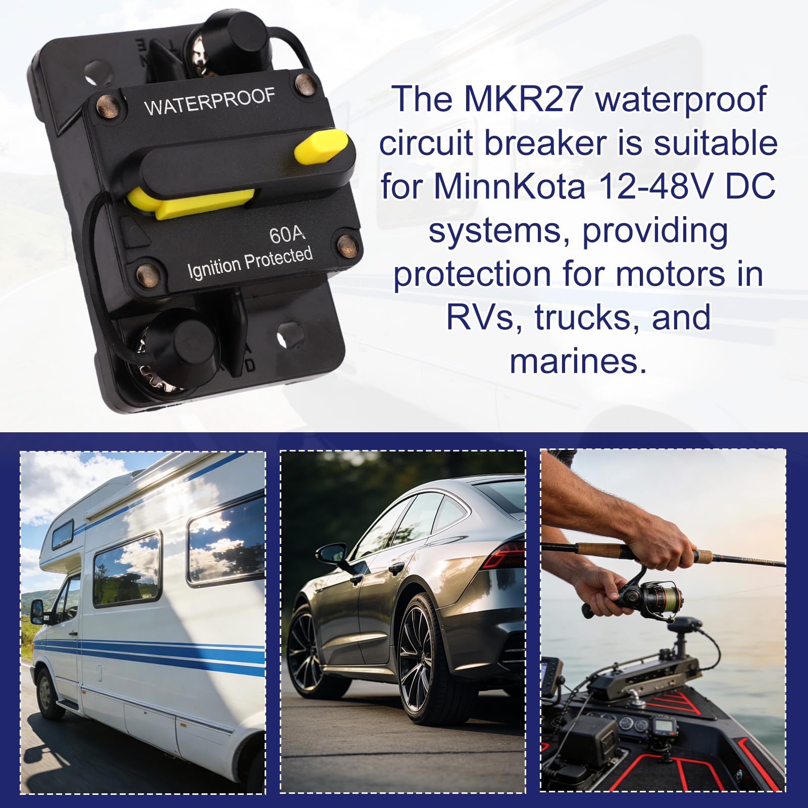 1865115 MKR-27 Wyłącznik Automatyczny do Silników Elektrycznych Minn Kota, 60 A Zamiennik Wyłącznika Automatycznego do Silników Morskich Minn Kota 12 V/24 V/36 V/48 V