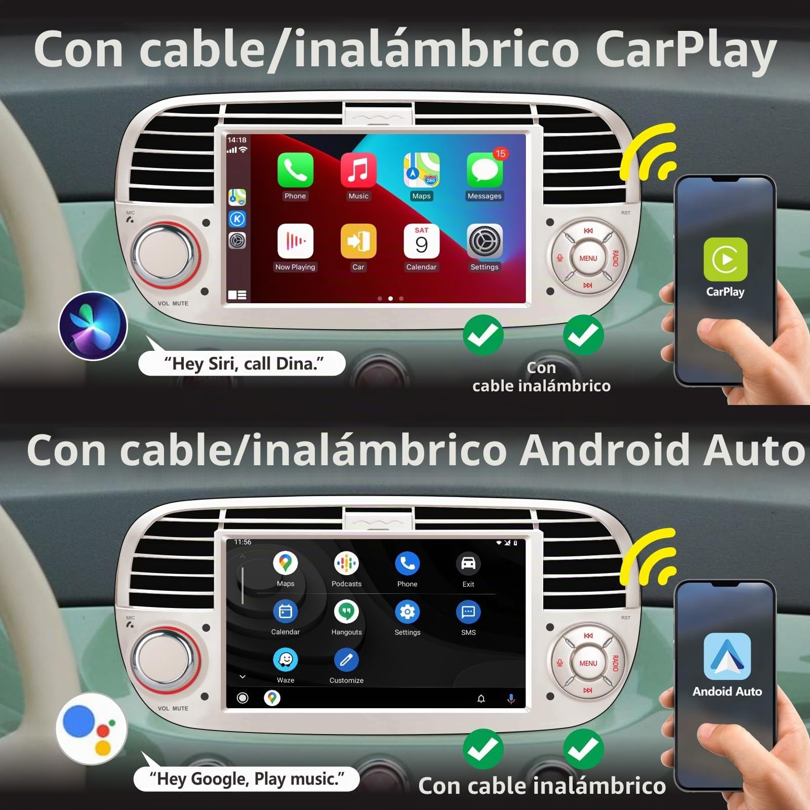 Radio de Coche Doble DIN Compatible con CarPlay Inalámbrico Android para Fiat 500 2007-2015 Pulgadas IPS Radio Bluetooth/FM/Am/USB/EQ