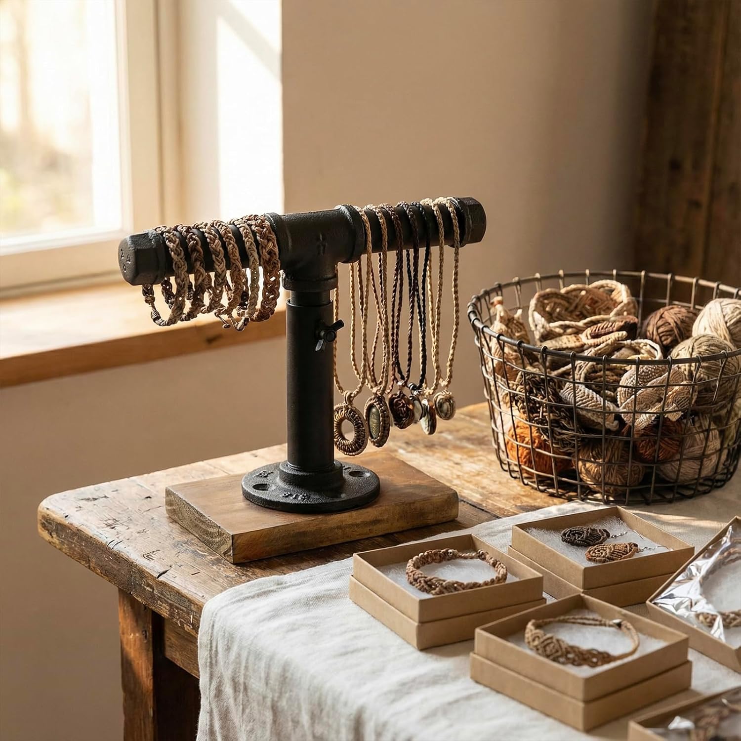 MyGift Industrial Pipe Black Metal T-Bar Jewelry Bracelet & Necklace Adjustable Height Display Stand with Brown Wood Base