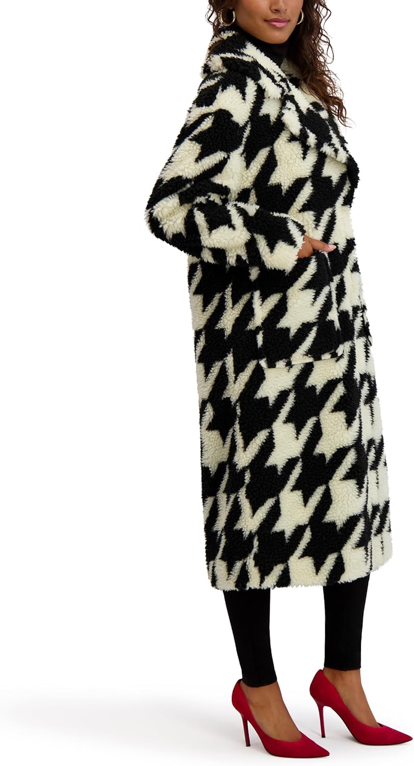 kensie Women's Outerwear Houndstooth Print Faux Fur Sherpa Walker Coat - Image 3