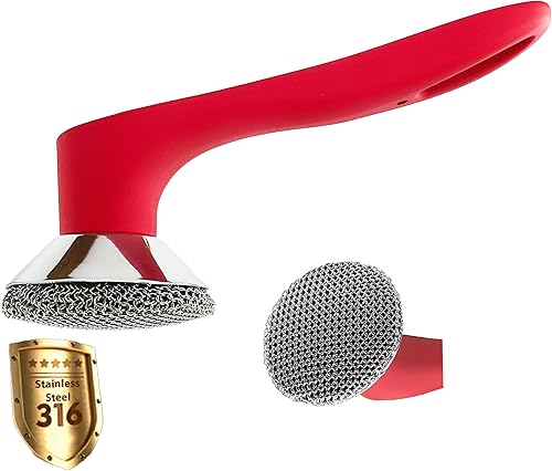 Cepillo limpiador de hierro fundido con mango largo, cepillo de acero inoxidable 316, cepillo de limpieza de malla de cadena de 0.118 in, esponja de