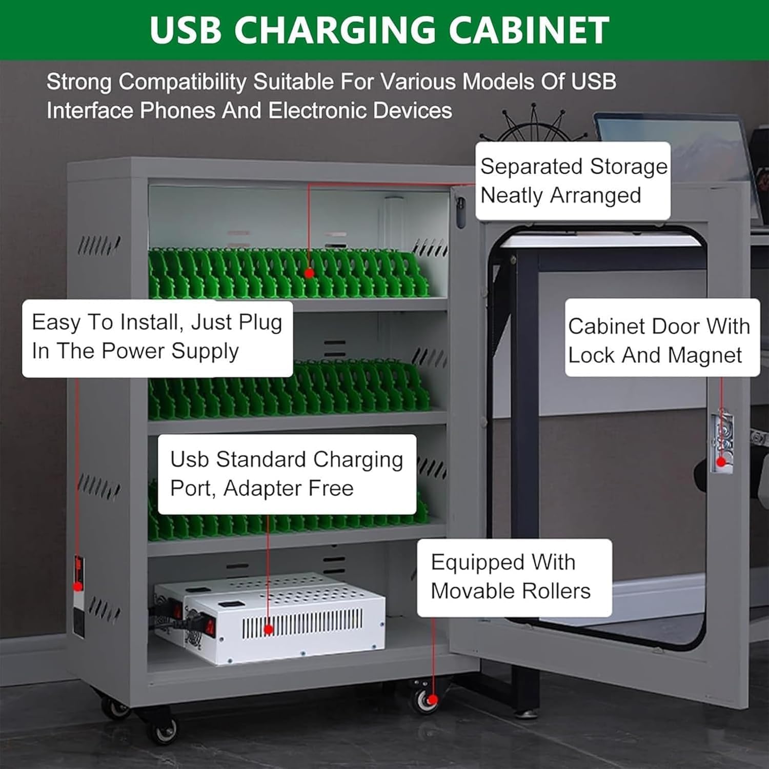 Rechargeable Mobile Phone Charging Locker with Lock and Wheels, USB Charging Cabinet with 50 Slots for Classrooms and Fitness Clubs - 20 Slots