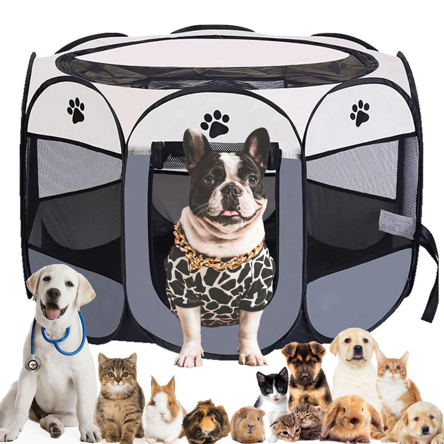 Pet Playpen Portable Dog Pen Foldable Pop Up Cat Play Pen, Oxford Fabric Soft Dog Crate Cage Puppy Pen for Indoors Outdoor Travel, Cat Tent Whelping Box for Kitten Rabbit Hamster Guinea Pig (Grey M)