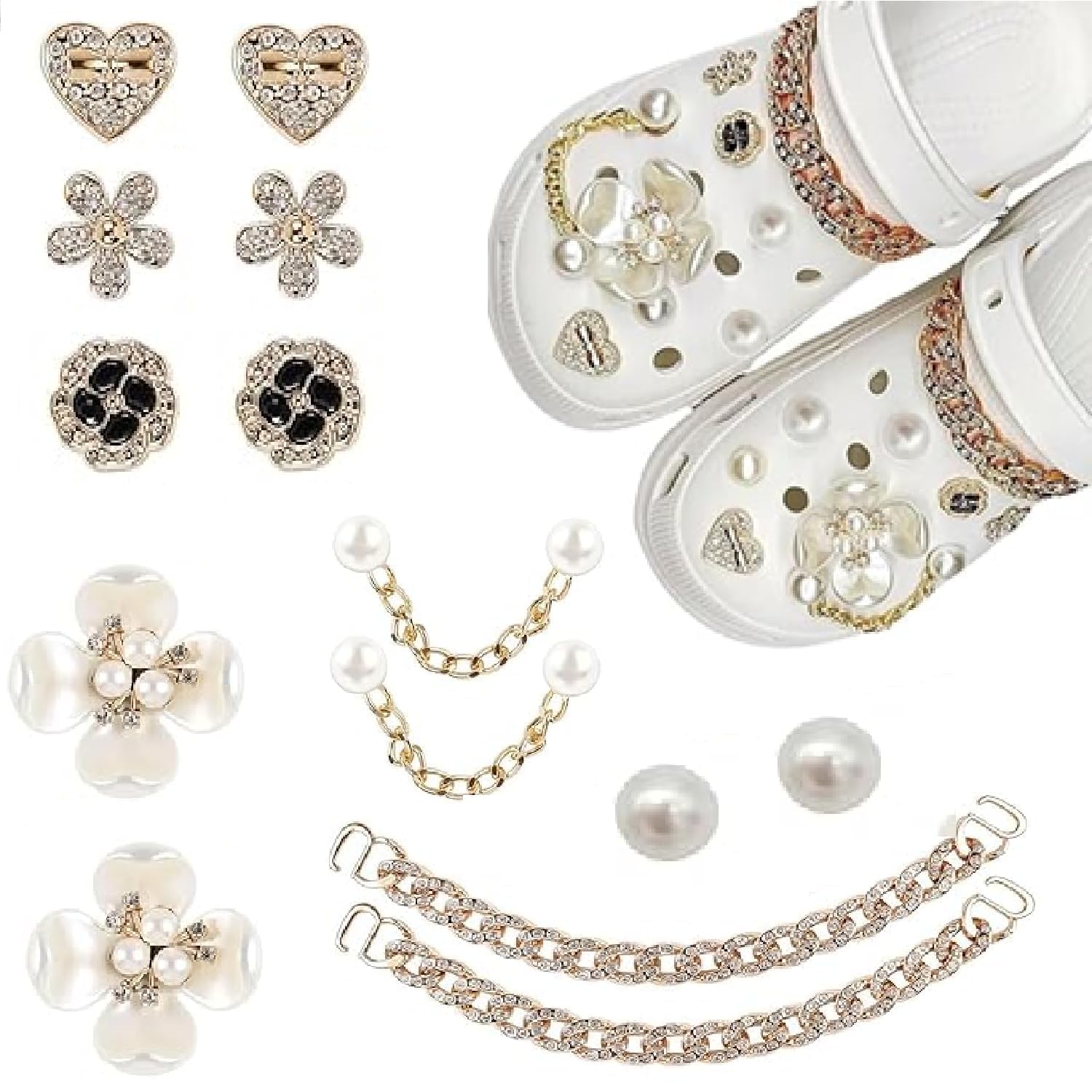 THECLOUDMALL® 14 pcs shoe charm for Girls |2 Pic Small Chain | 2Pic Big Flower | 2Pic Small Flower |2Pic Black Flower| 2Pic Pearl Button| 2Pic Diamond Bling Chain| 2Pic Heart